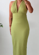 Size S-M Lime Green Halter Neck Ribbed Maxi Dress