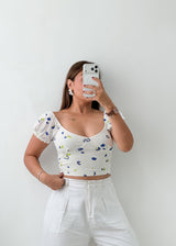 Size XS-S White Blue Floral Crop Top