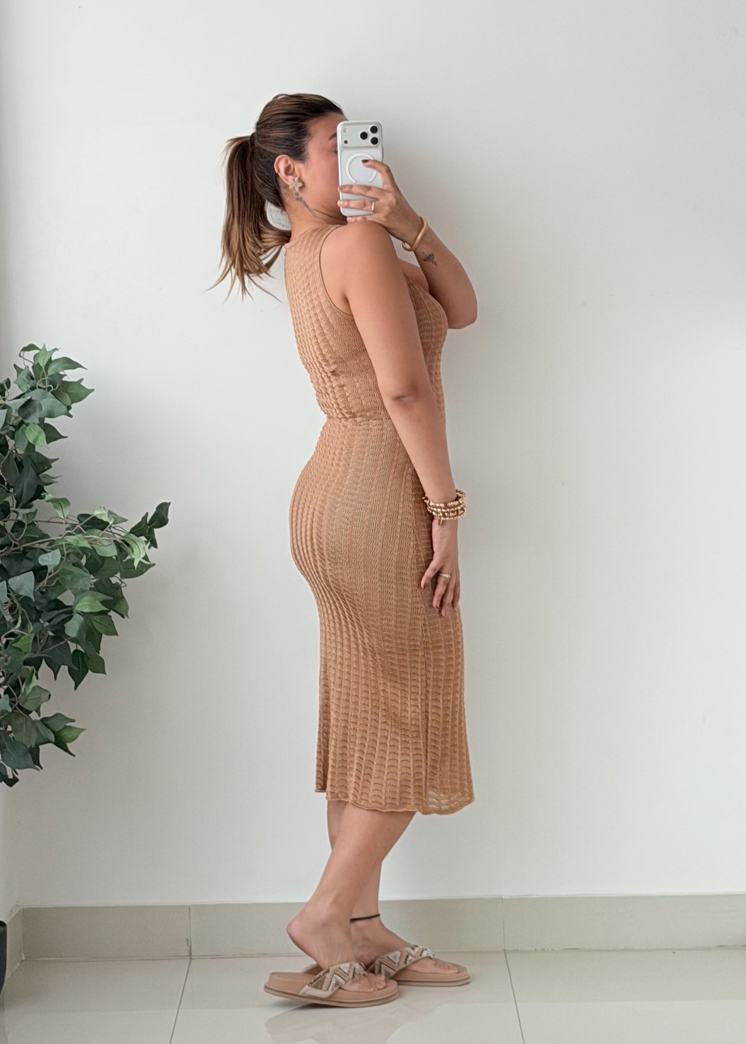 Size XS-S Tan Ribbed Crochet Midi Dress