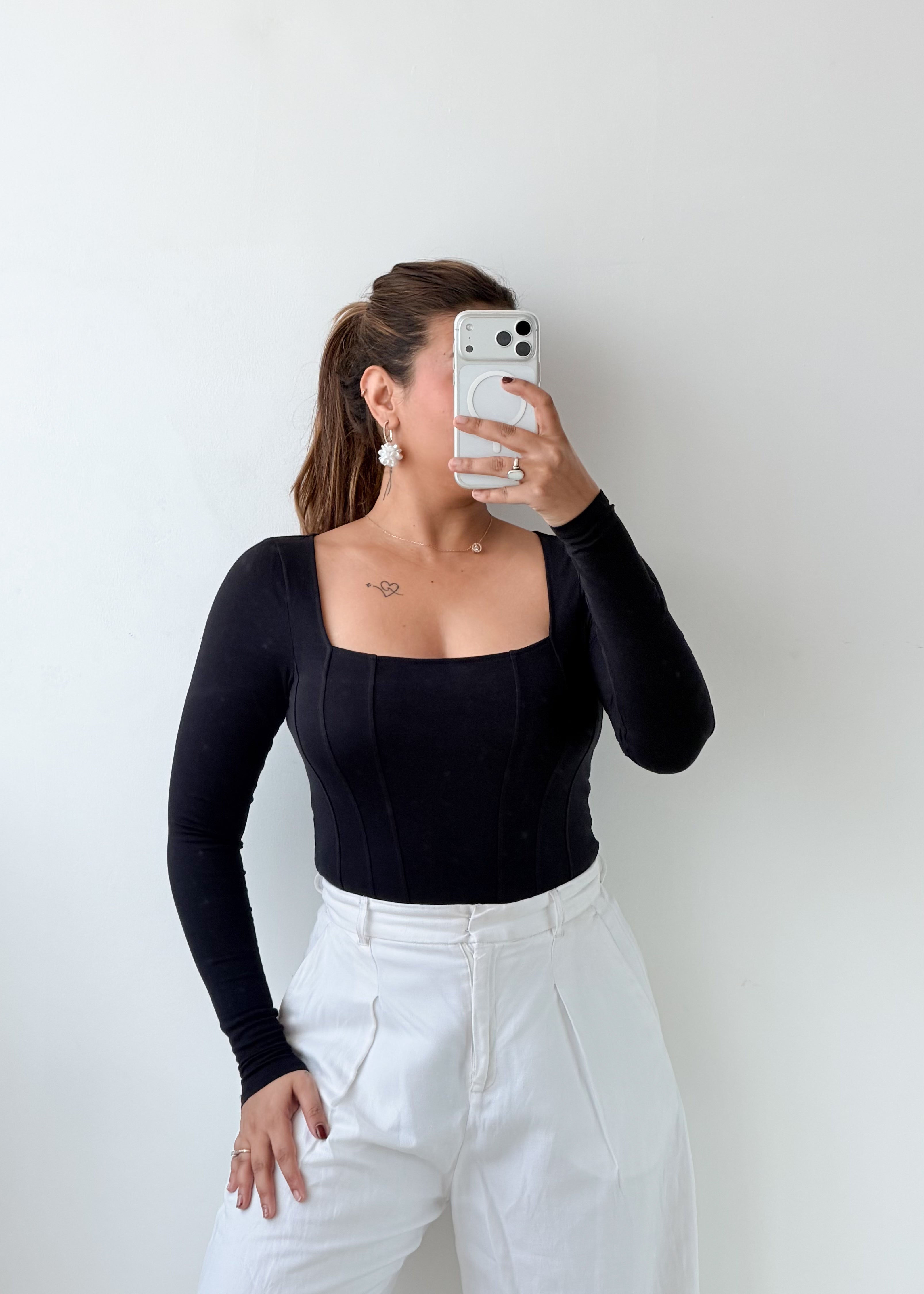 Size S-M Black Square Neck Long Sleeve Bodysuit
