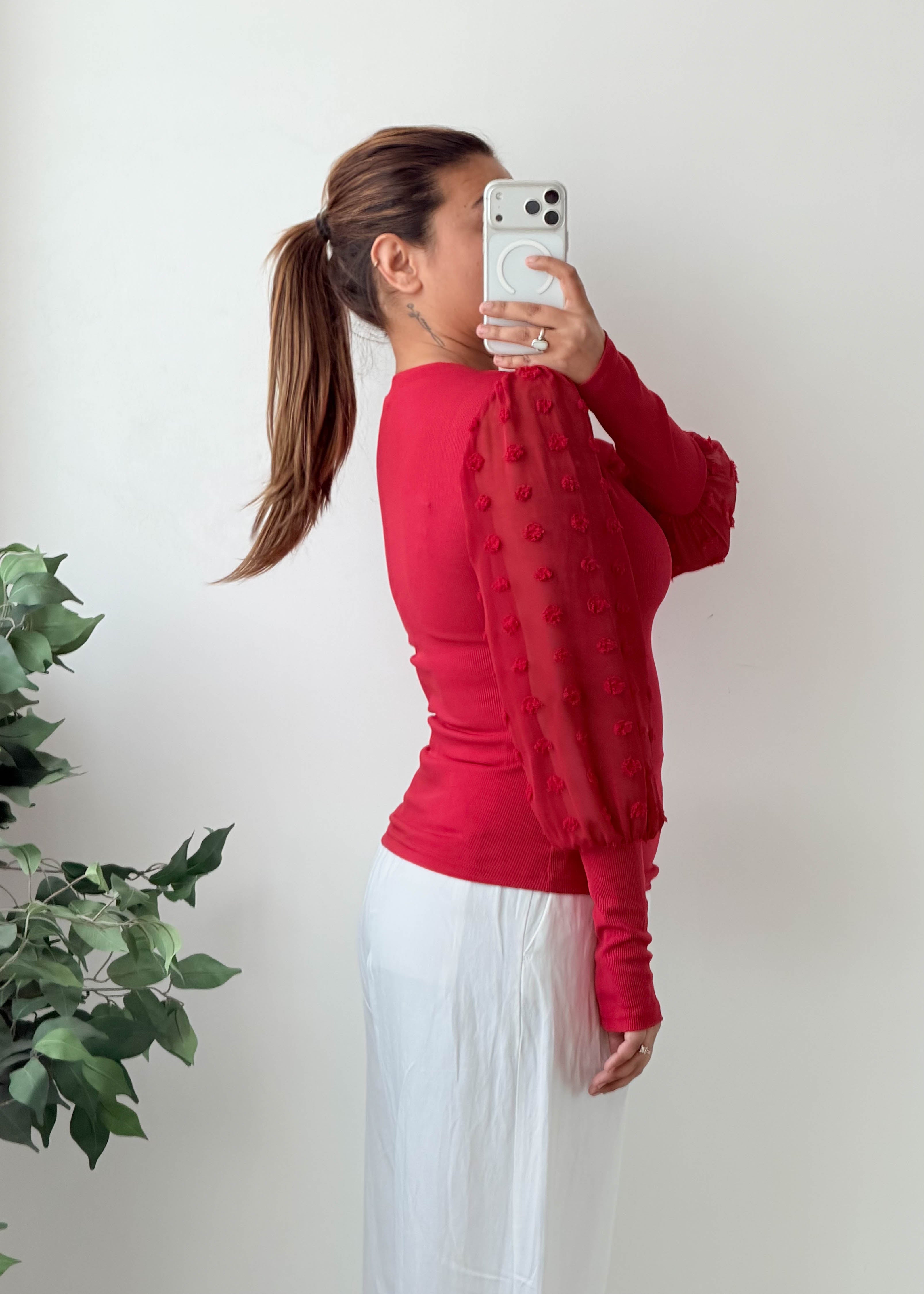 Size S-M Red V-Neck Top with Puff Sleeves