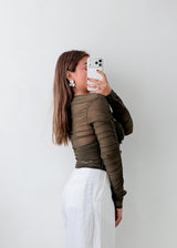 Size M-L Olive Ruched Mesh Long Sleeve Top