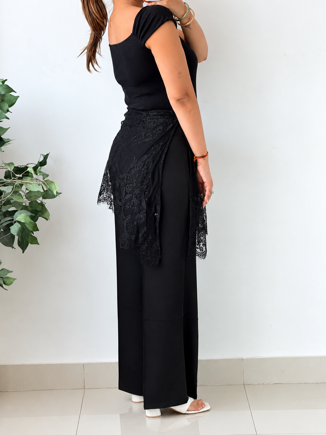 Waist 27 to 34, Black Wide Leg Tailored Pants with Front Pleats