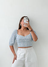 Size M Blue Floral Puff Sleeve Crop Top