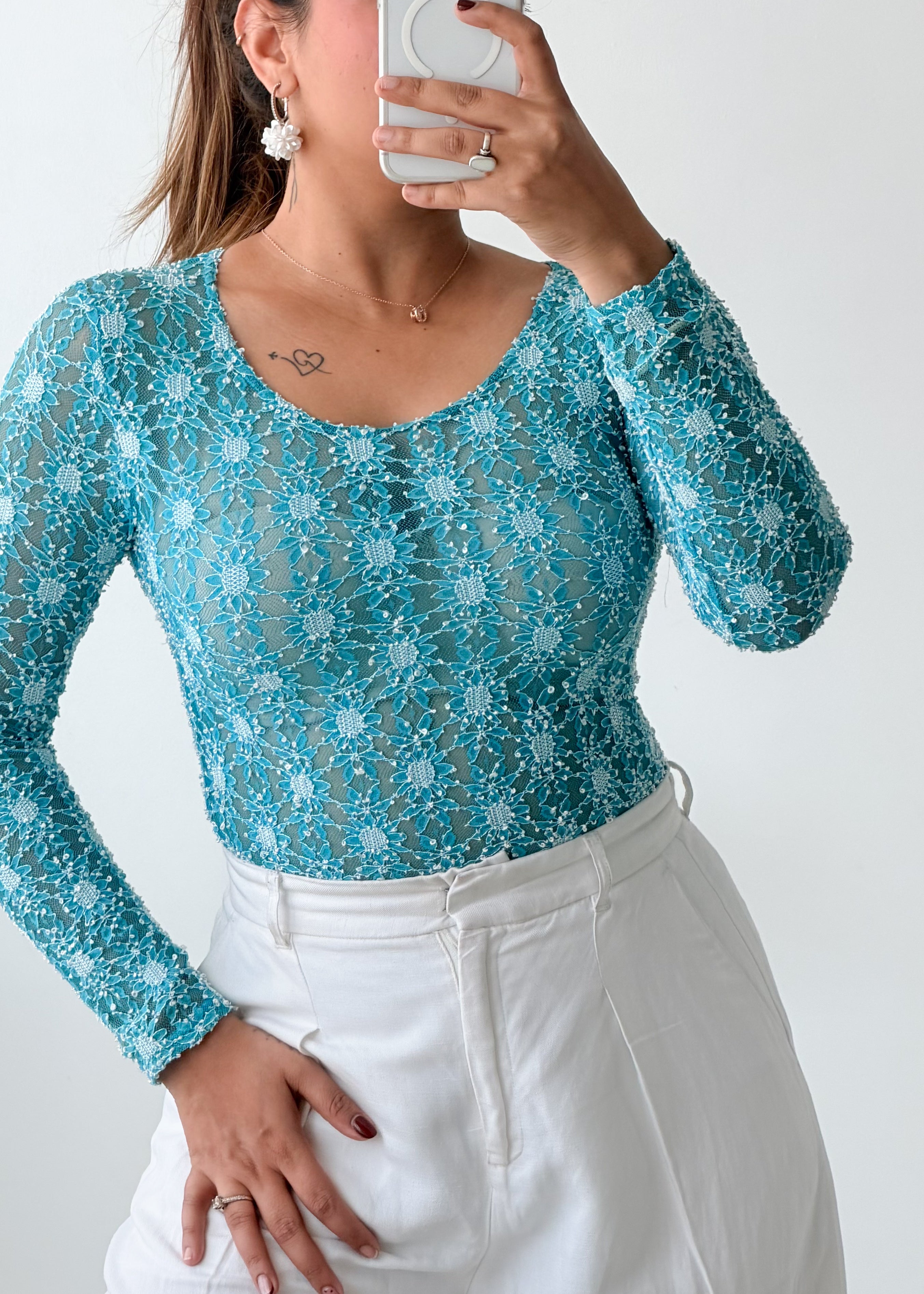 Size XS-S Blue Floral Lace Bodysuit