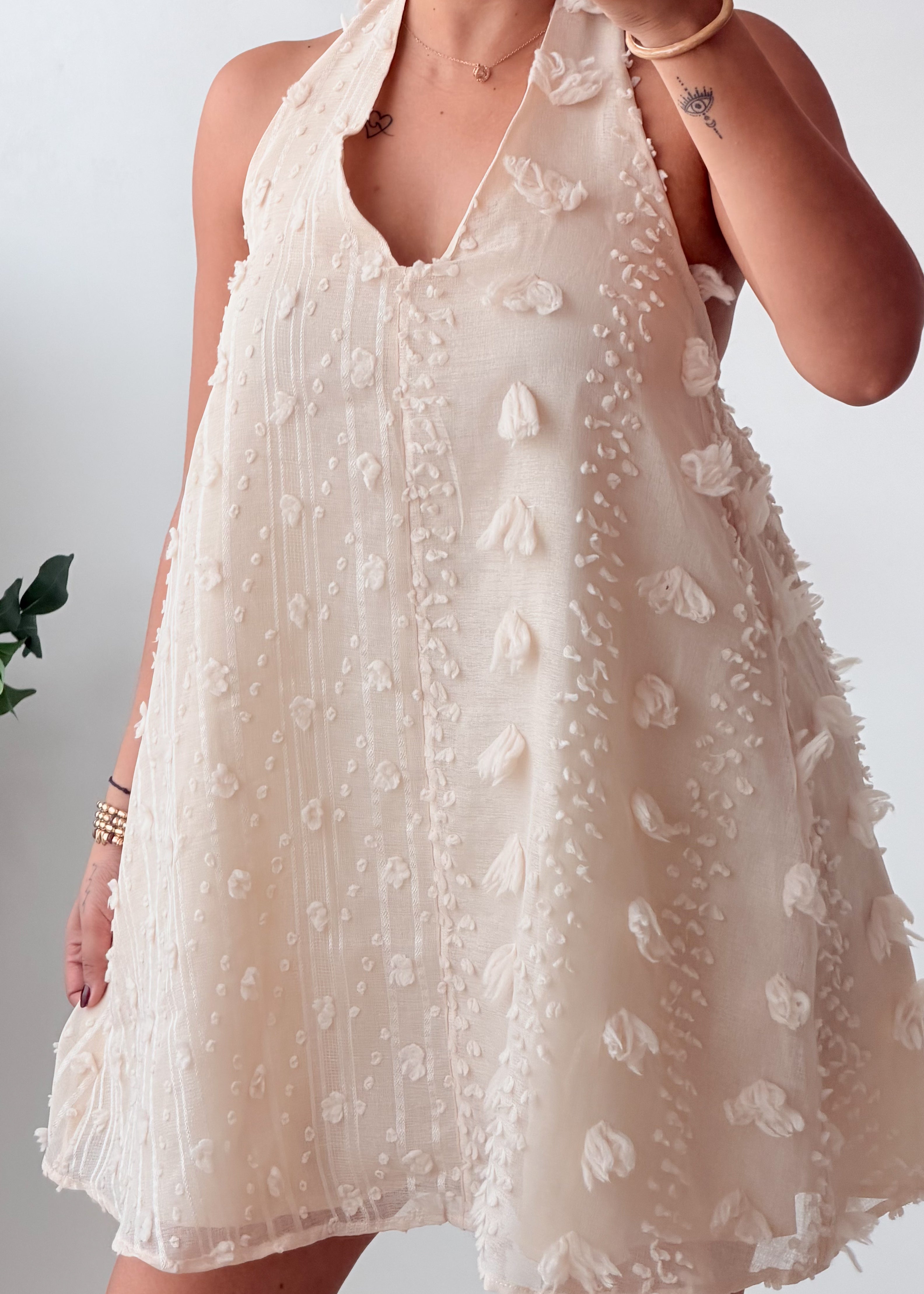 Size XS-M Ivory Textured Halter Neck Mini Dress