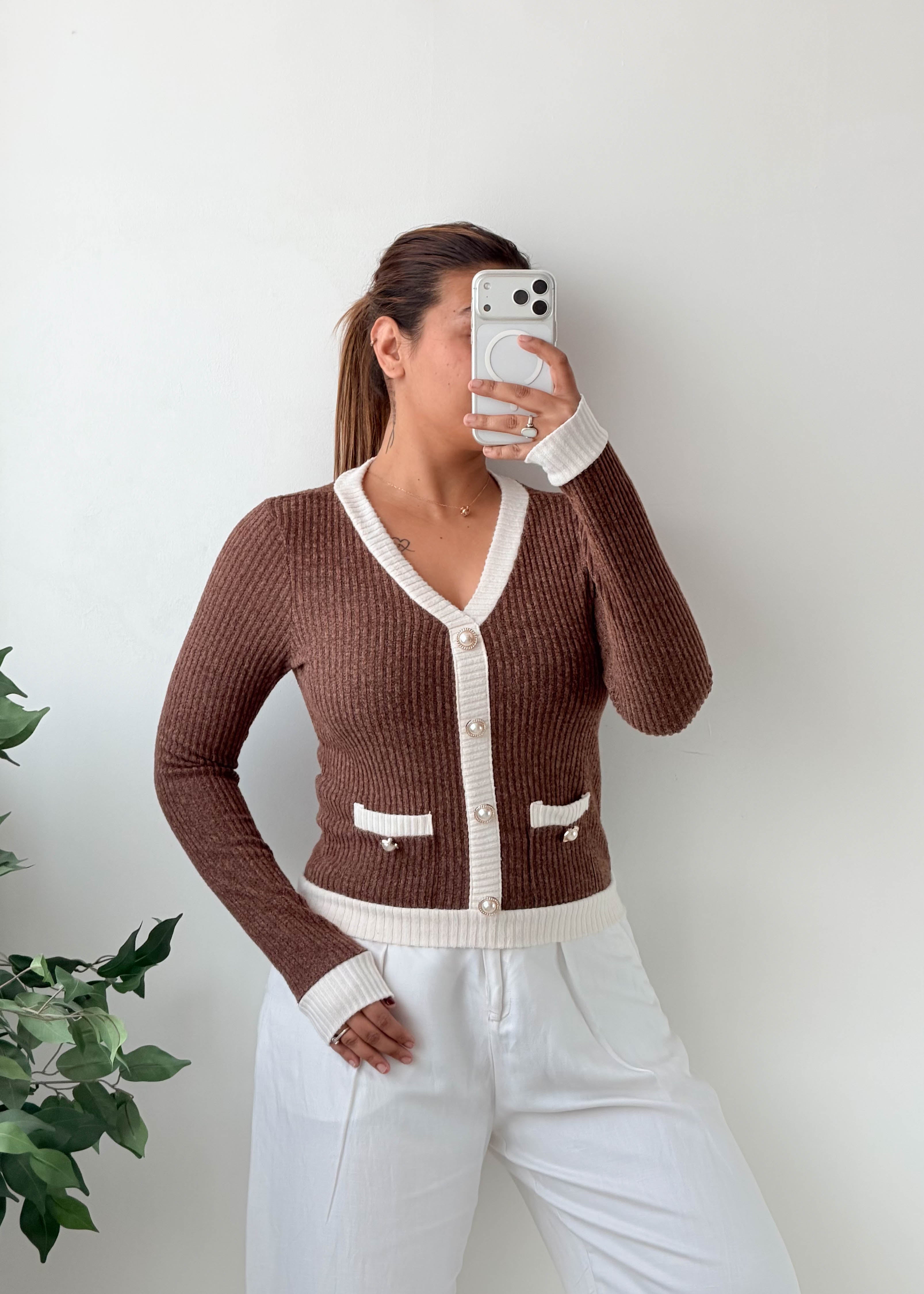 Size S-M Brown Ribbed Contrast Cardigan Top