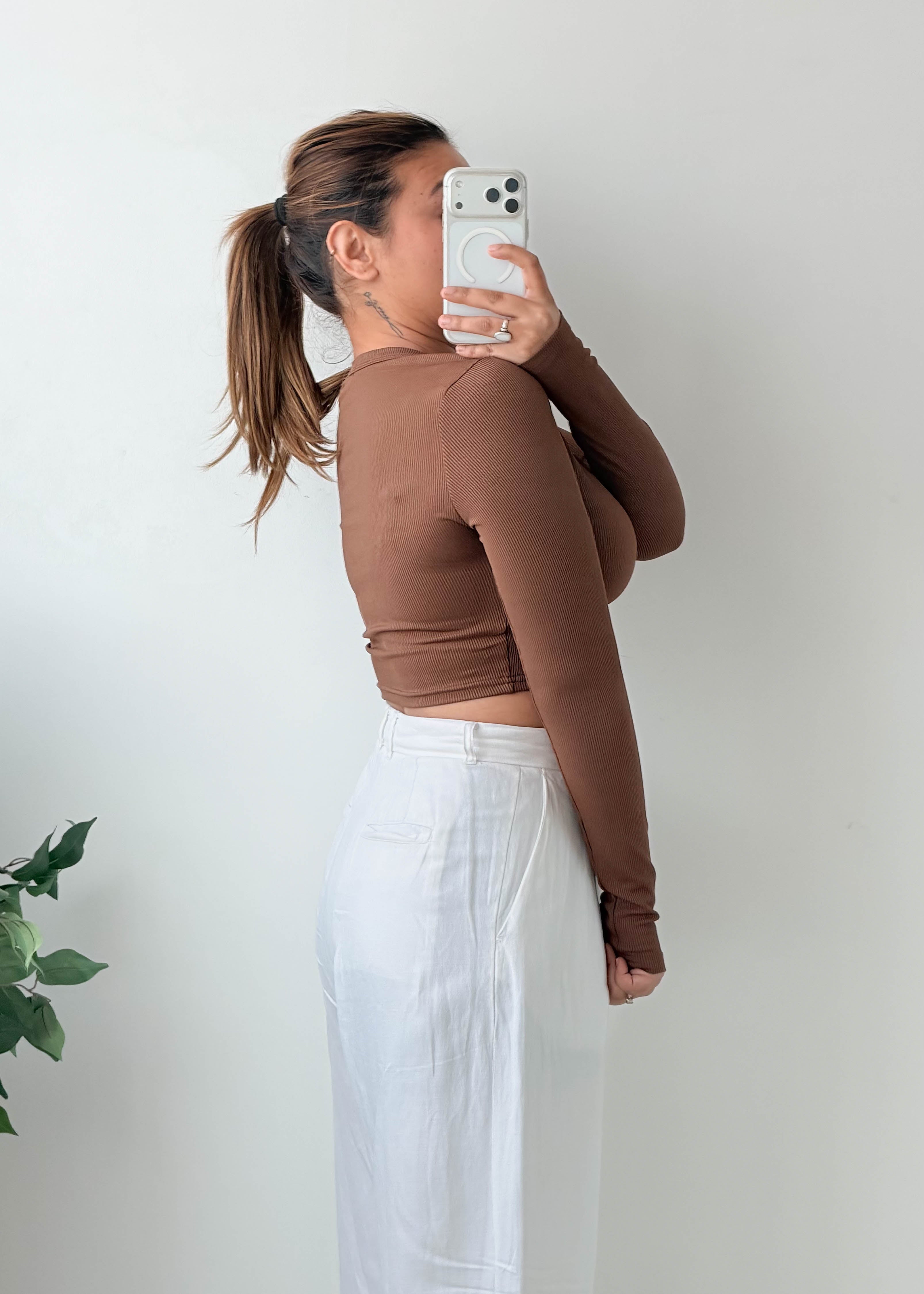 Size S-M Mocha Brown Round Neck Crop Top