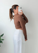 Size S-M Mocha Brown Round Neck Crop Top