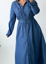 Size XS-S Dark Blue Denim Shirt Maxi Dress