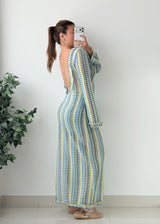 Size M-L Multicolor Striped Open-Back Maxi Dress