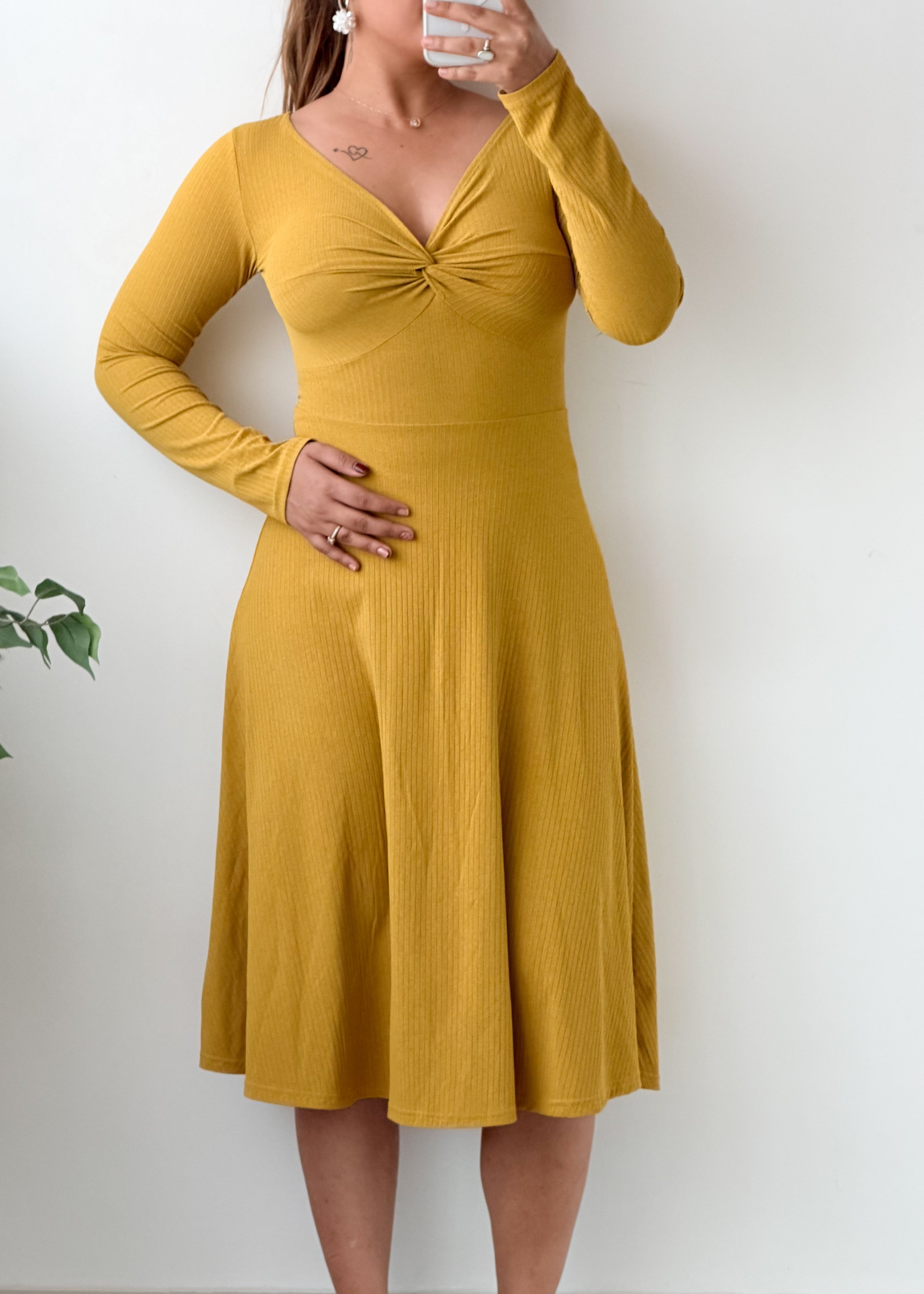 Size S-M Mustard Yellow Twist Front Flared Midi Dress