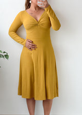 Size S-M Mustard Yellow Twist Front Flared Midi Dress