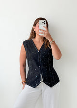 Bust 44, Black Embroidered Button-Front Vest Top