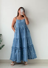 Size M-L Light Blue Embroidered Tiered Dress