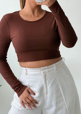 Size S-M Brown Ribbed Open-Back Crop Top