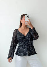 Size L-XL Black Floral Peplum Top
