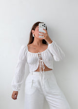 Size S-M White Textured Tie-Front Crop Top