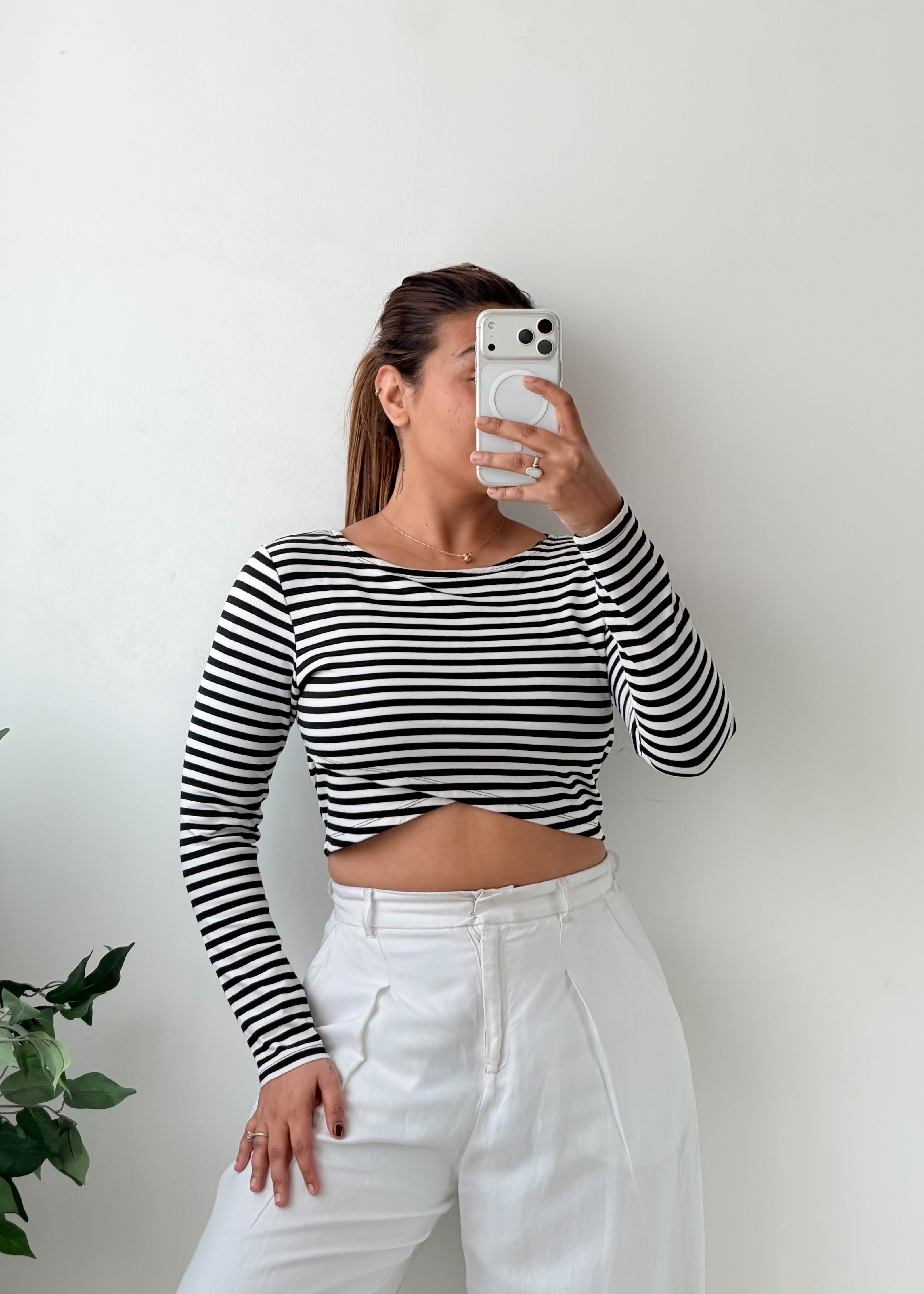 Size S-M Black and White Striped Crop Top