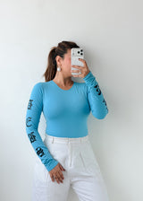 Size S-M Sky Blue Printed Sleeve Bodysuit