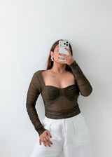Size M-L Olive Ruched Mesh Long Sleeve Top