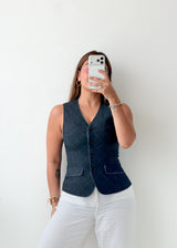 Bust 30-32, Navy Quilted Button-Front Vest Top
