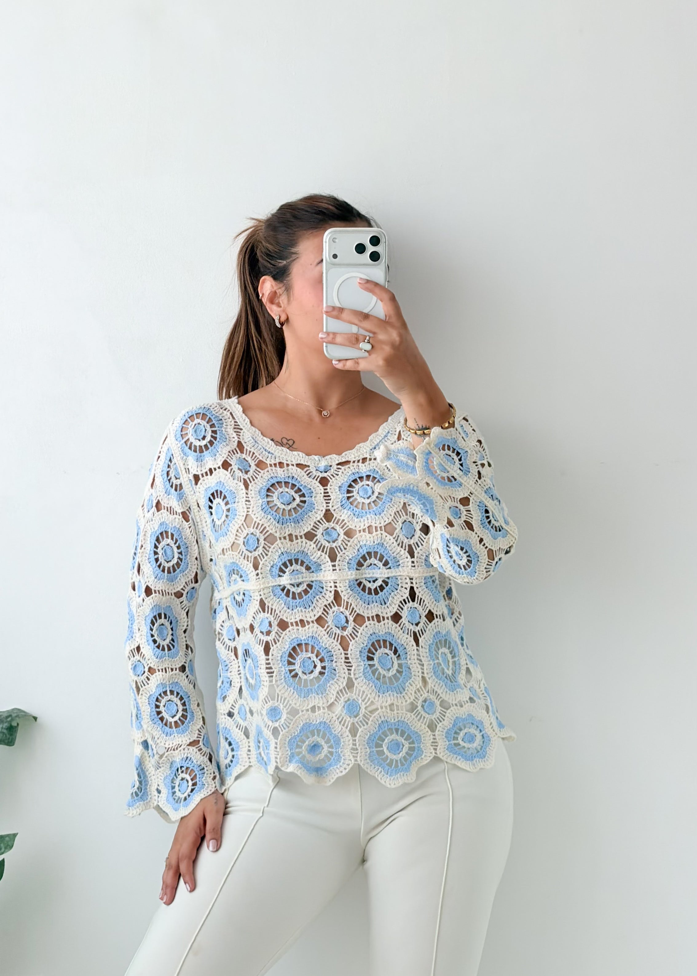 Size M-L White Blue Crochet Top