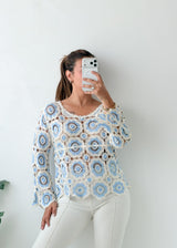 Size M-L White Blue Crochet Top