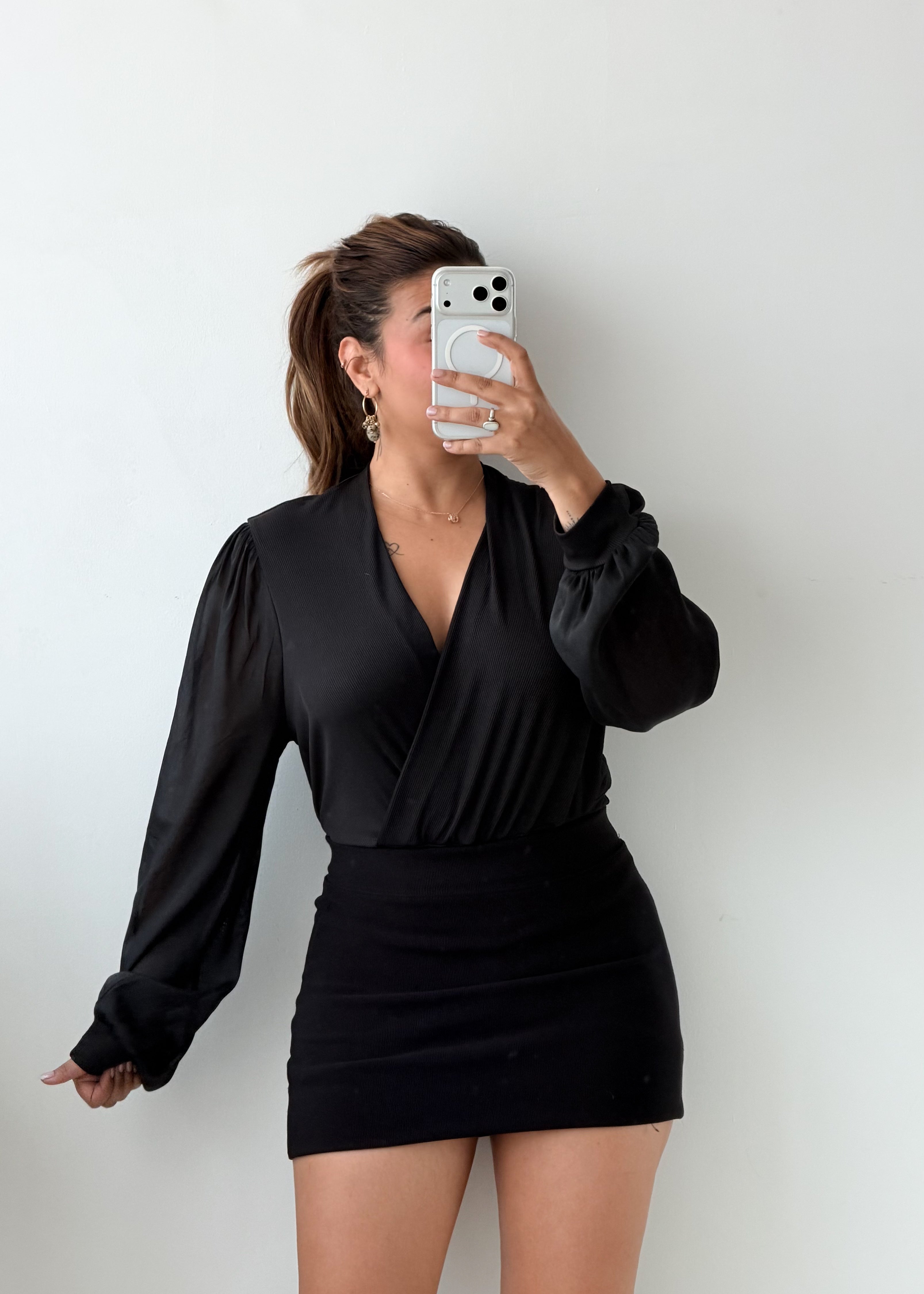 Size L-XL Black Draped Wrap Bodysuit