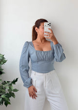 Size S Blue Square Neck Puff Sleeve Top