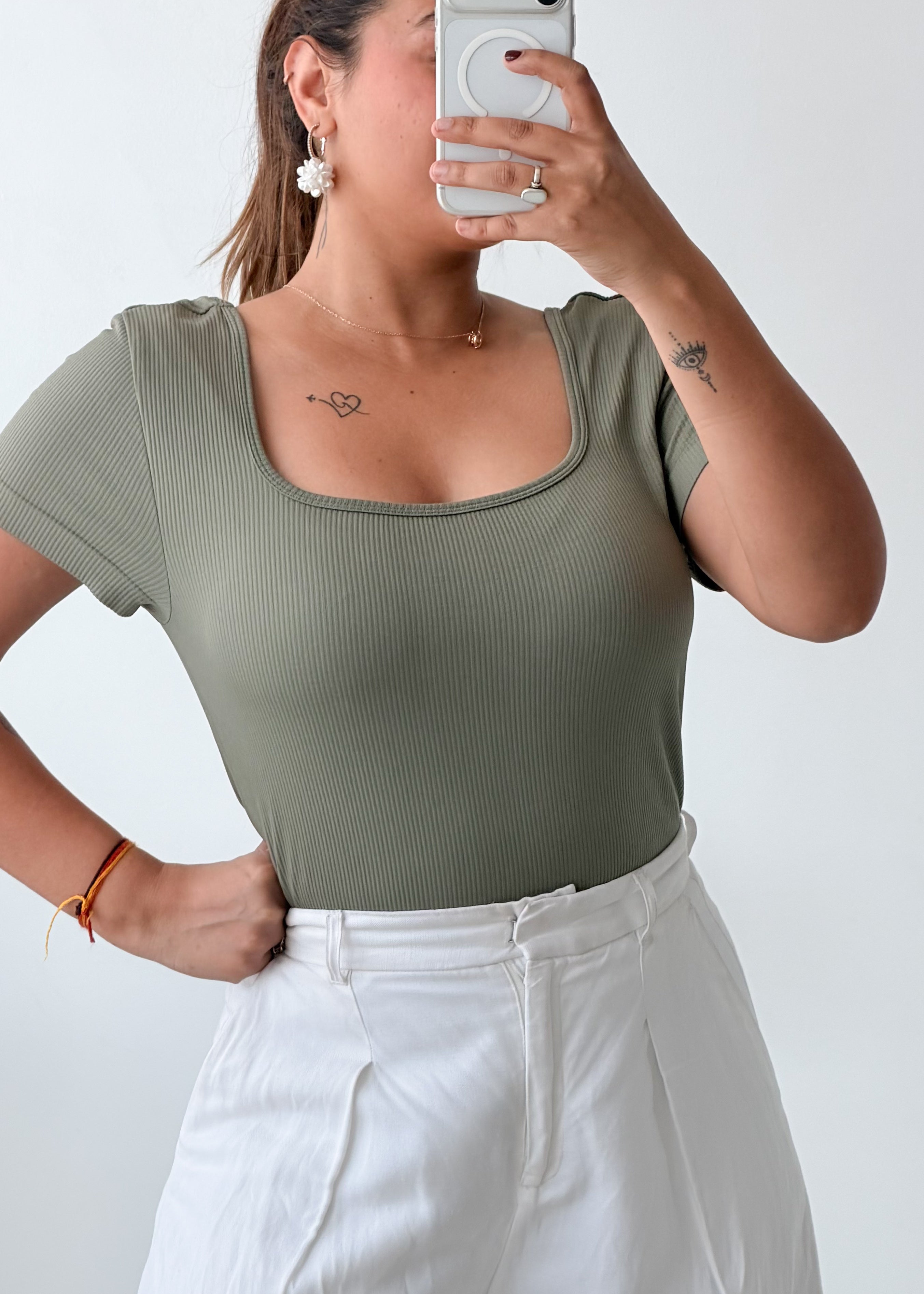 Size L-XL Olive Green Square Neck Bodysuit
