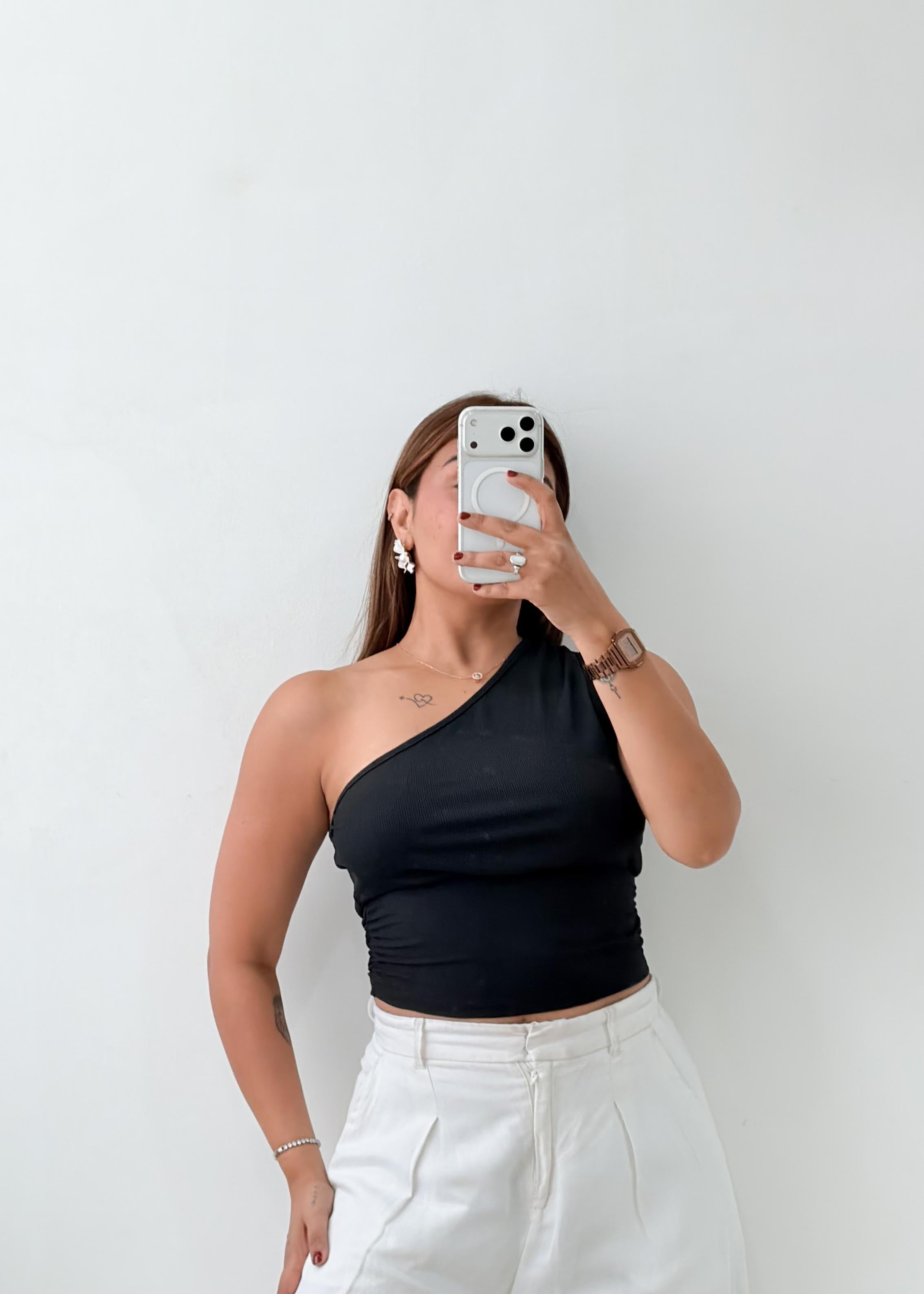 Size S-M Black One-Shoulder Crop Top