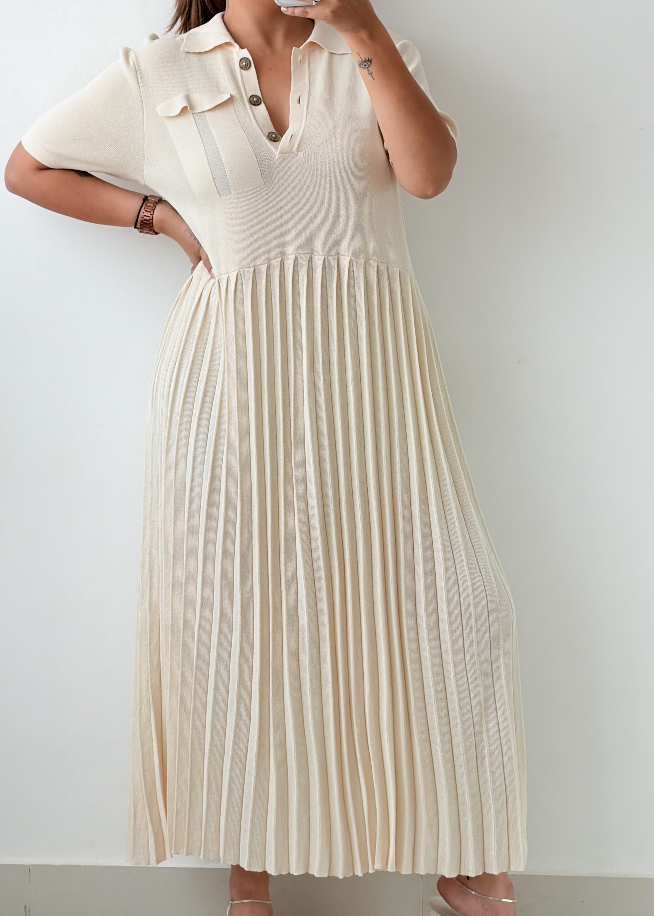 Size L-XL Ivory Pleated Polo Maxi Dress