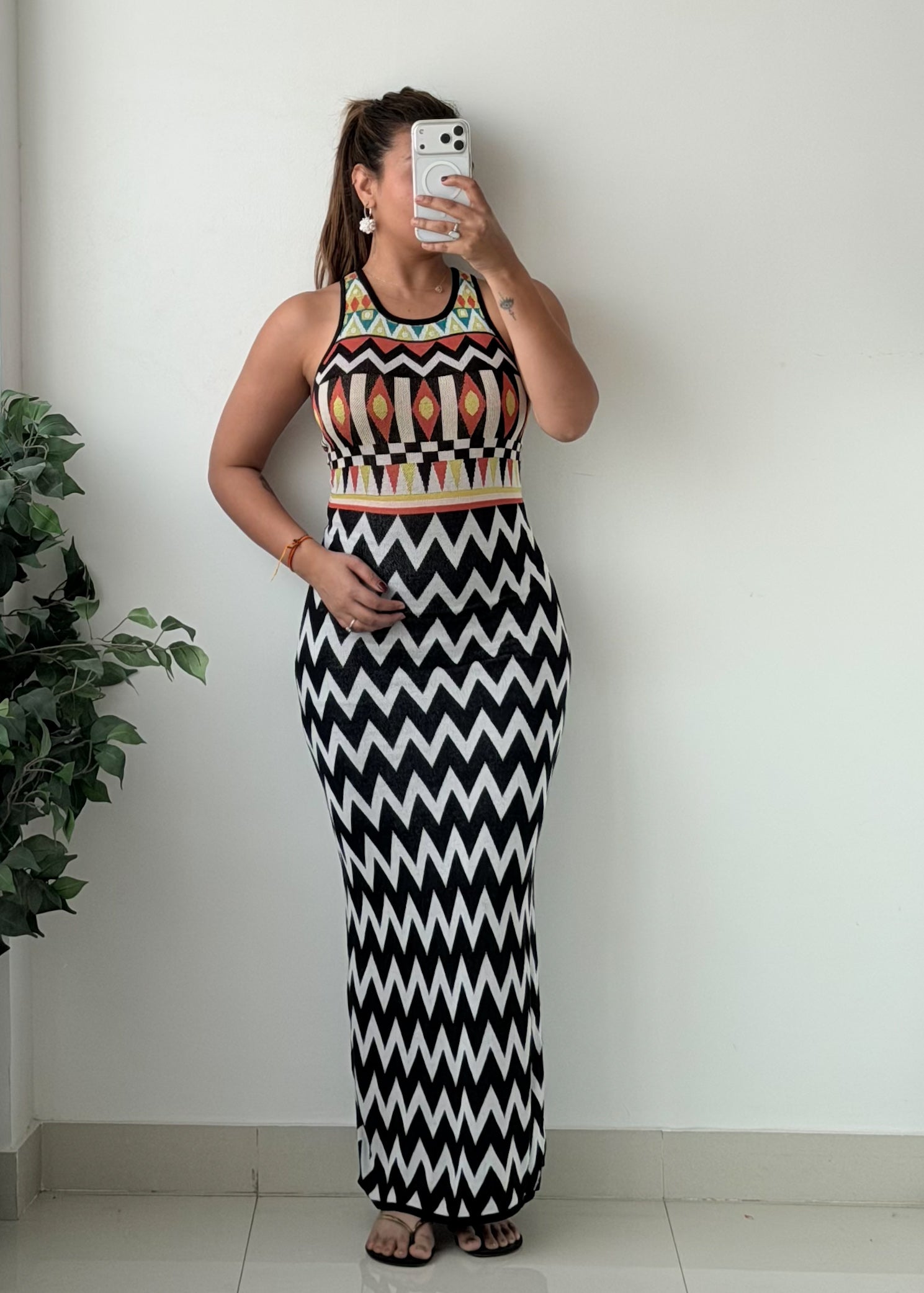 Size S-M Black White Geometric Printed Halter Neck Maxi Dress