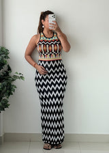 Size S-M Black White Geometric Printed Halter Neck Maxi Dress