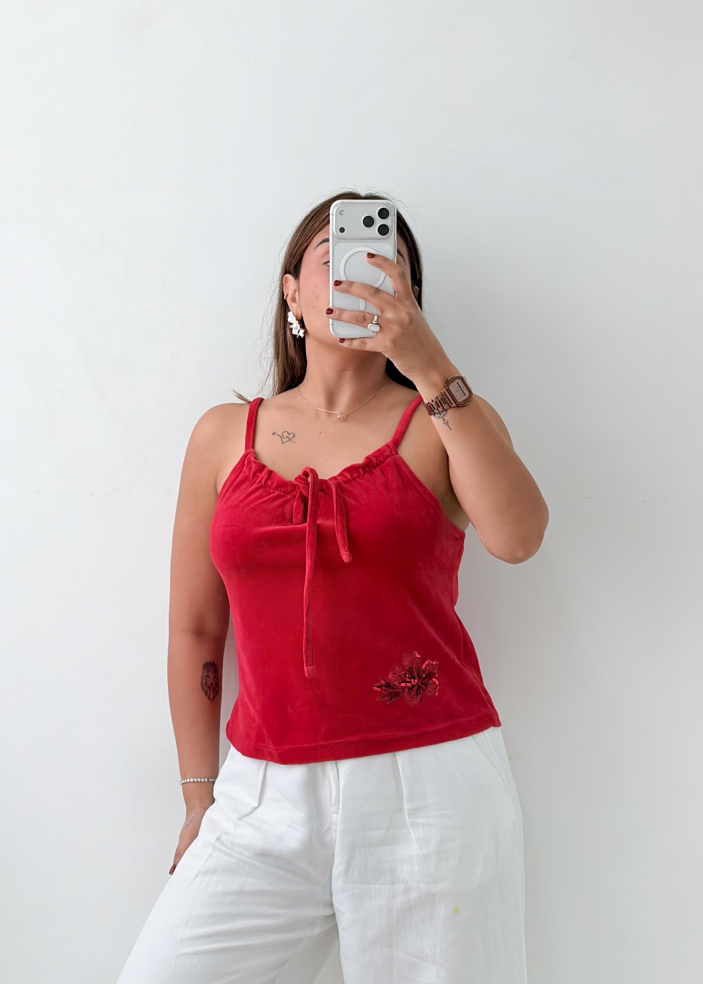 Size S-M Red Ruched Tie-Front Camisole Top