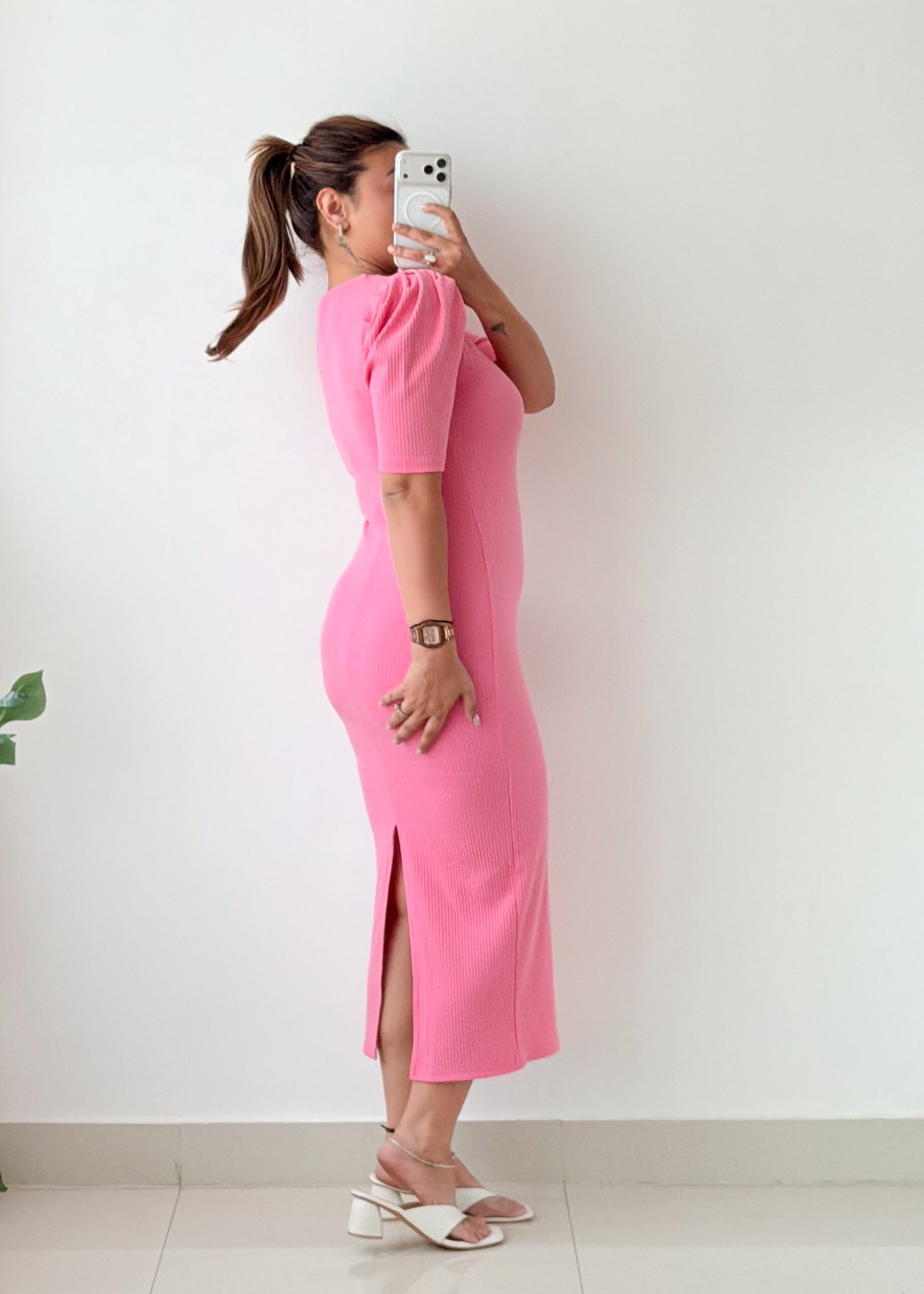 Size S-M Pink Puff Sleeve Bodycon Midi Dress