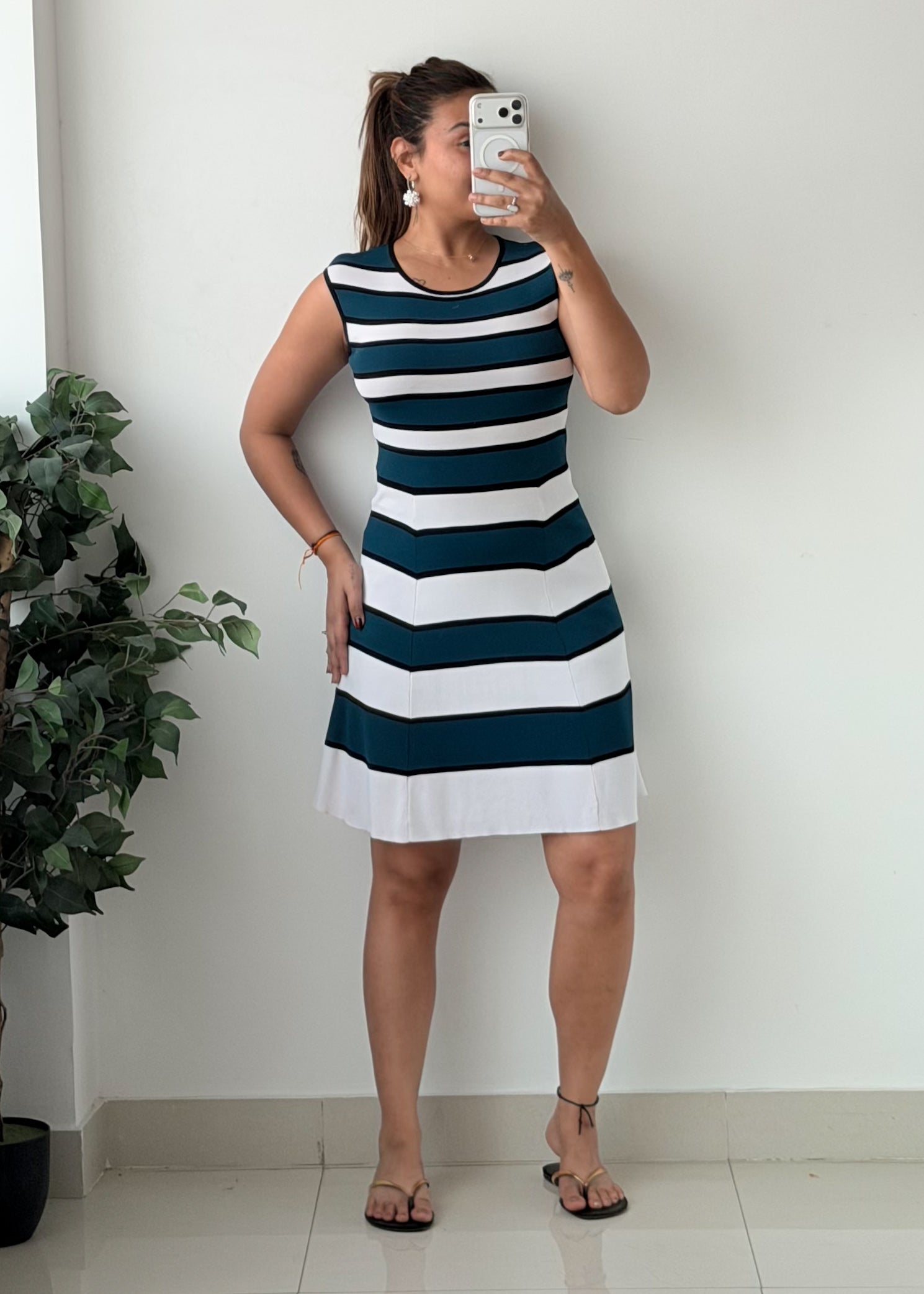 Size M-L Teal White Striped Fit And Flare Dress