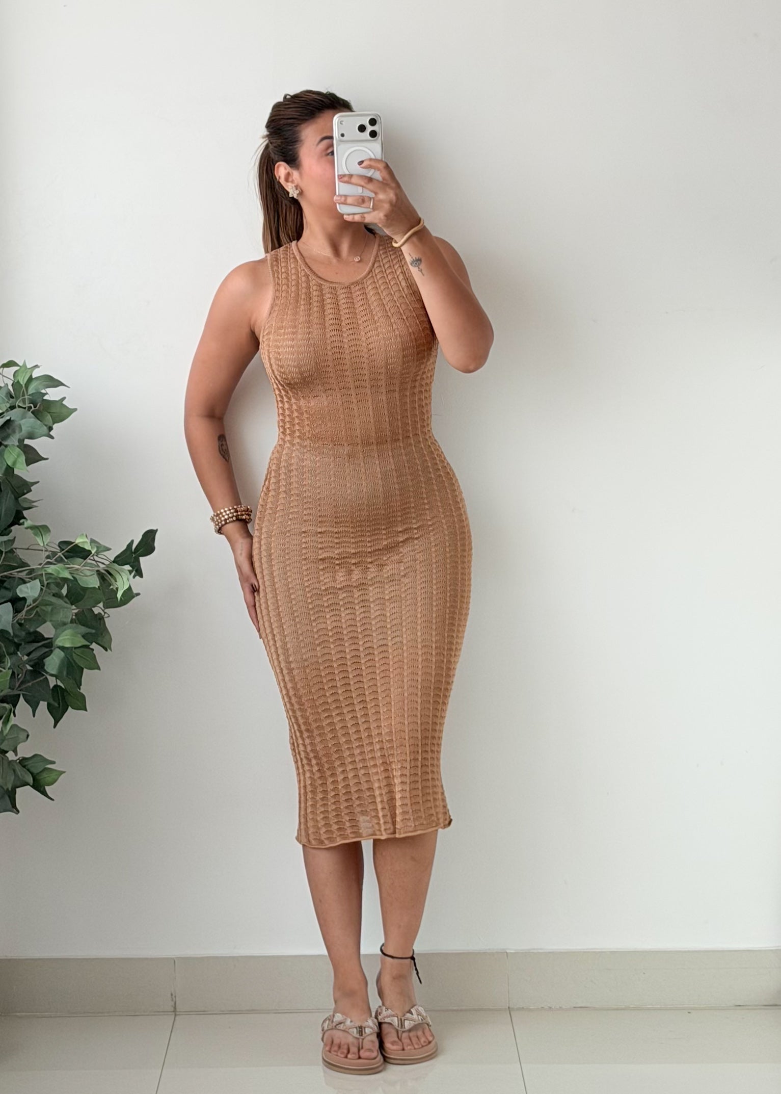 Size XS-S Tan Ribbed Crochet Midi Dress