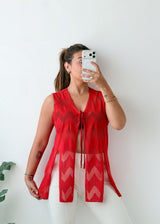 Free Size Red Printed Longline Tie-Front Vest Top
