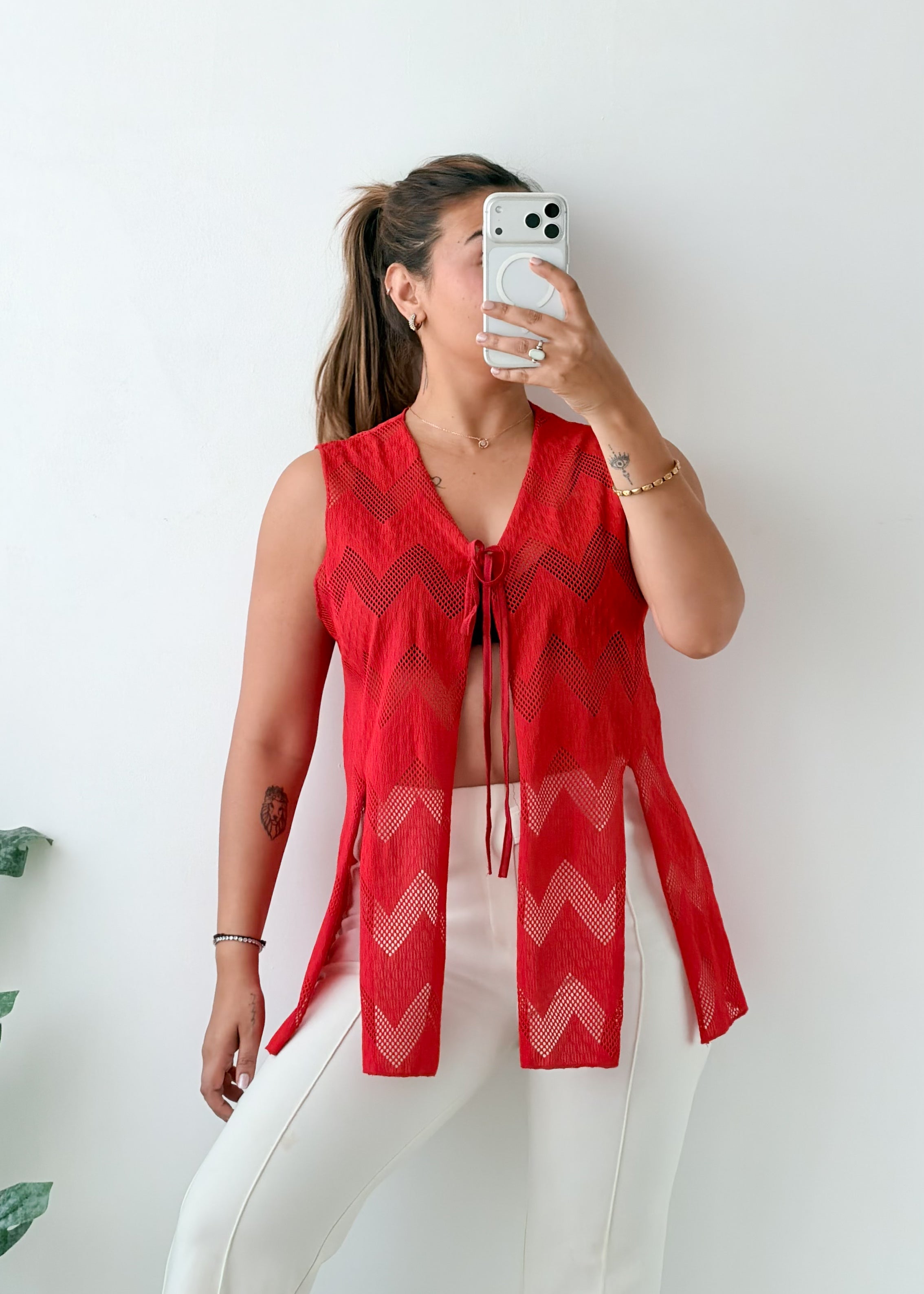 Free Size Red Printed Longline Tie-Front Vest Top