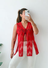 Free Size Red Printed Longline Tie-Front Vest Top