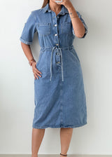 Size S-M Light Blue Denim Shirt Midi Dress