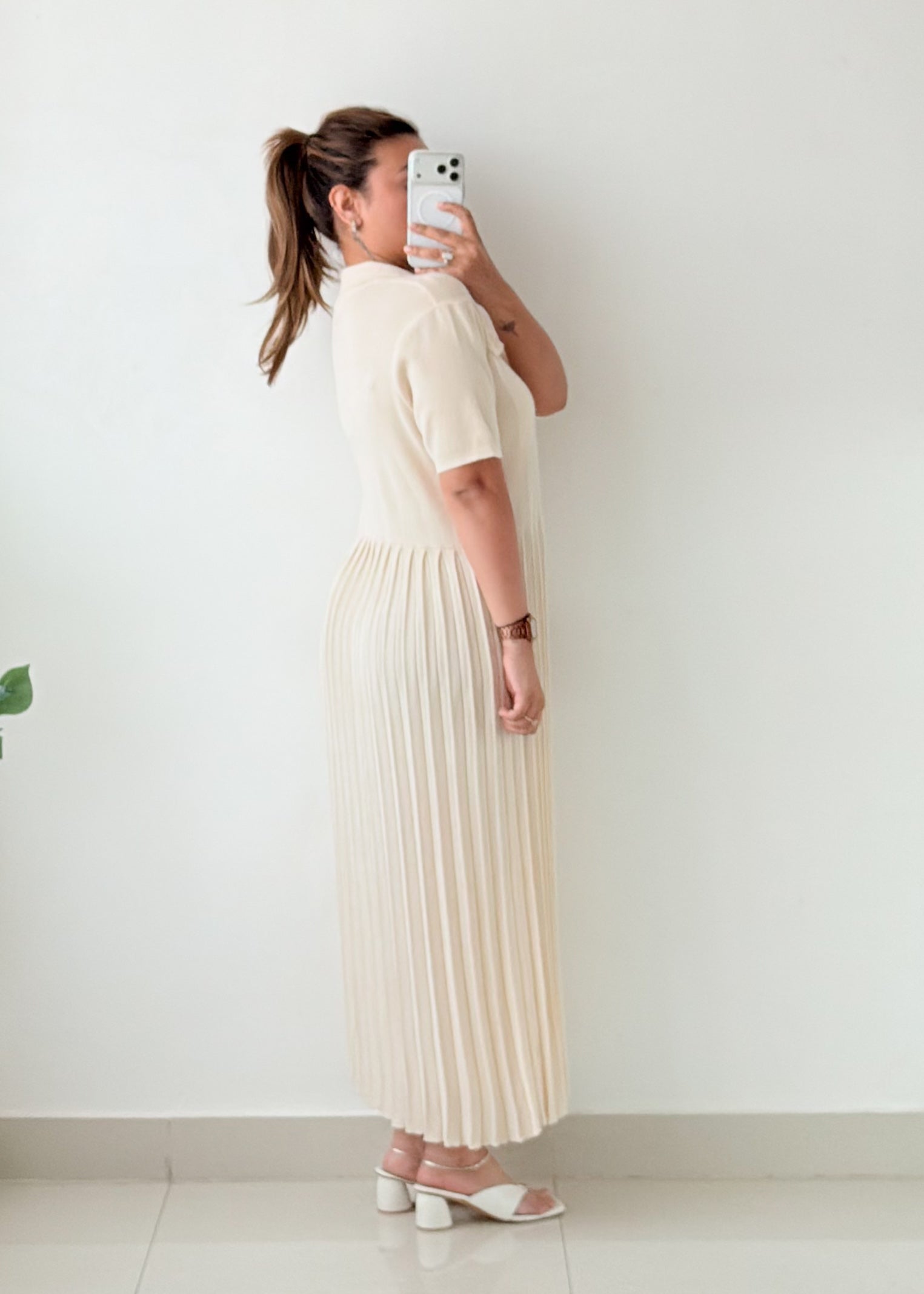 Size L-XL Ivory Pleated Polo Maxi Dress