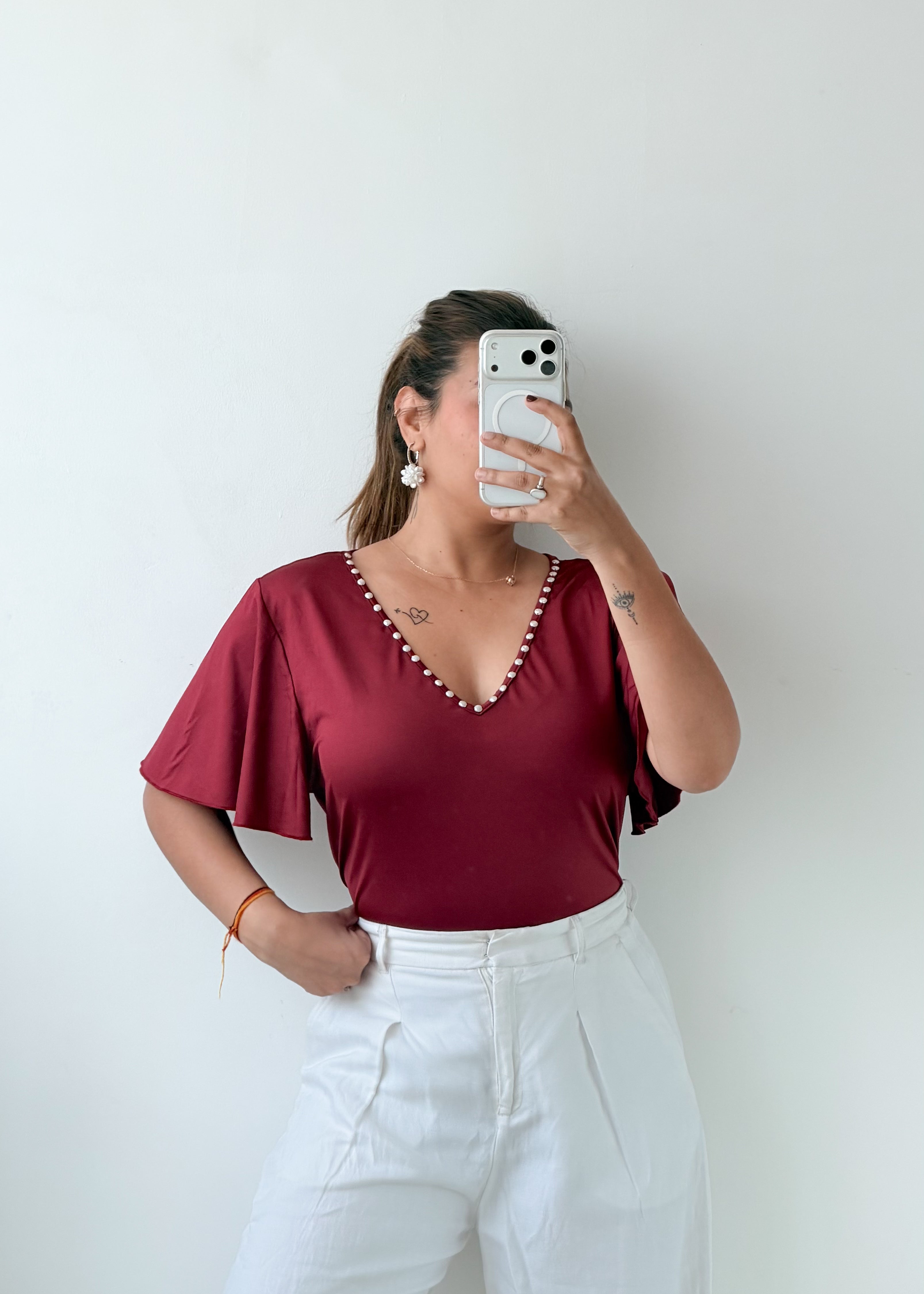 Size XL-2XL Wine Red Embellished V-Neck Bodysuit