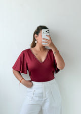 Size XL-2XL Wine Red Embellished V-Neck Bodysuit