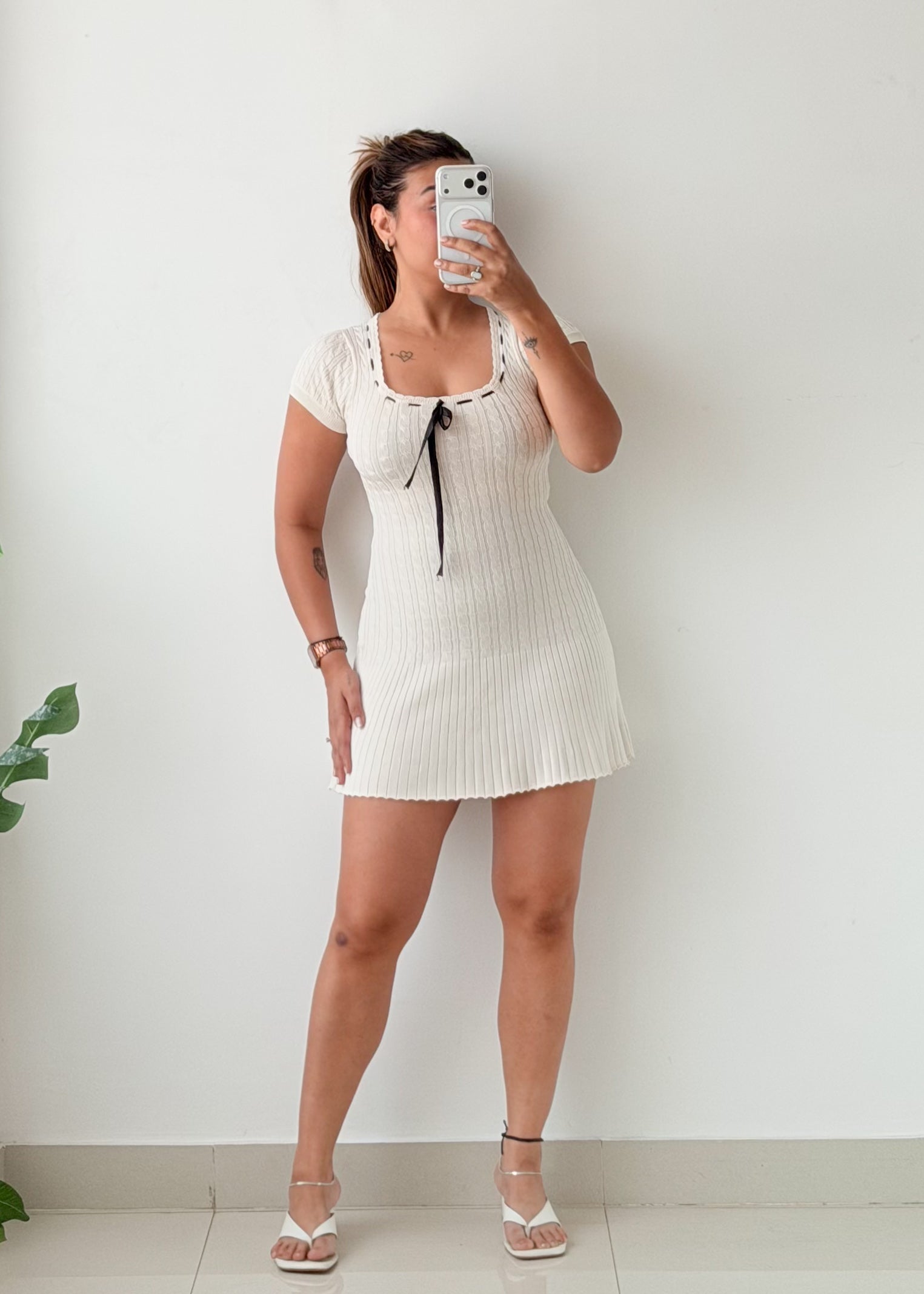 Size XS-S White Ribbed Bow Detail Mini Dress