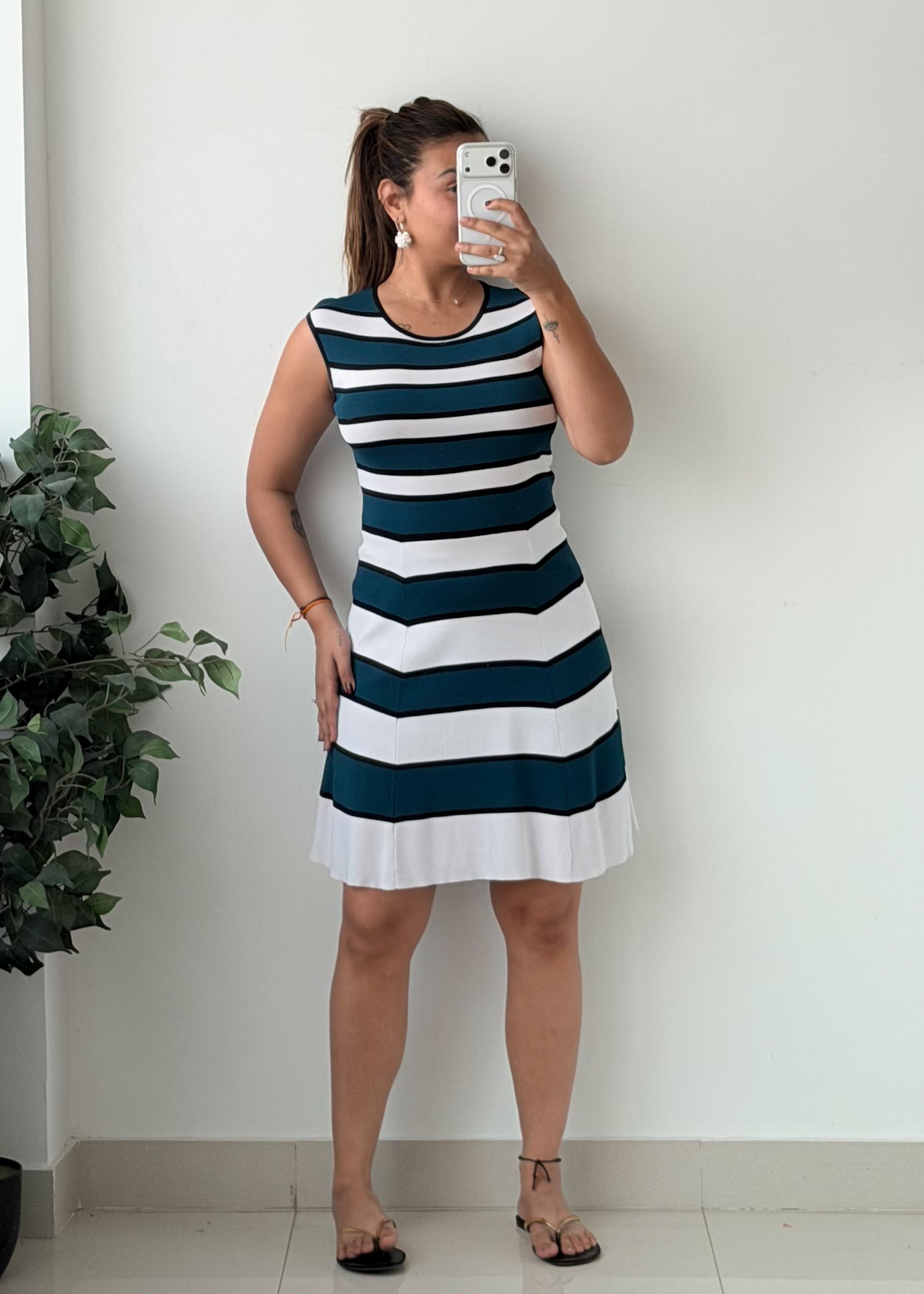Size M-L Teal White Striped Fit And Flare Dress