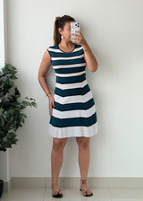 Size M-L Teal White Striped Fit And Flare Dress