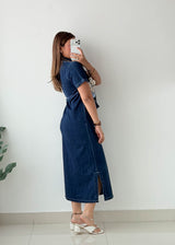 Size XS-S Dark Blue Denim Shirt Midi Dress